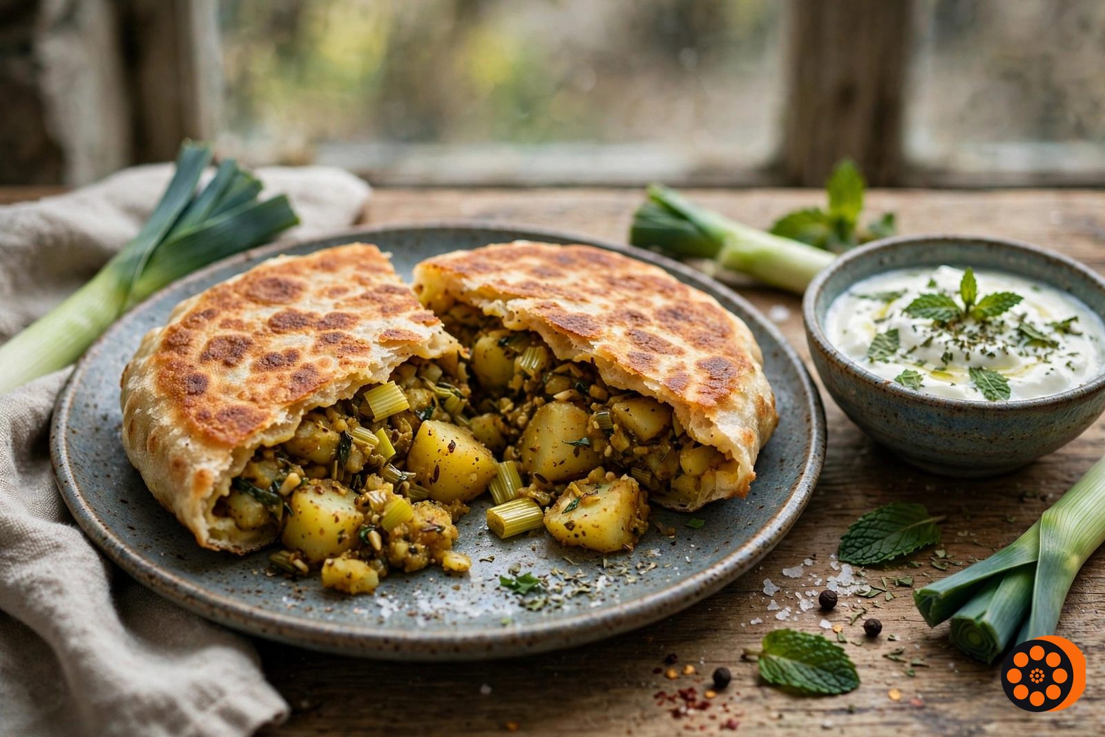 Illustration of Afghan Bolani stuffed flatbread cut open to show spiced potato and leek filling, served with mint yogurt
