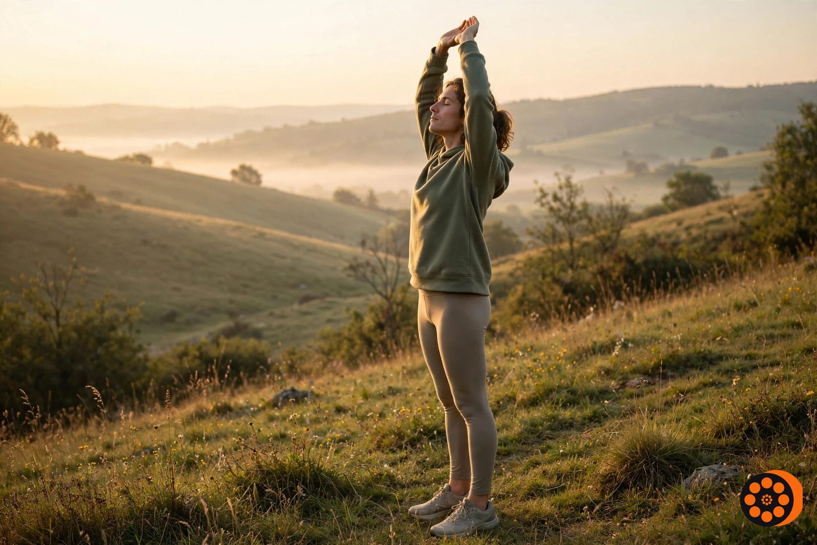 Illustration of a woman doing slow breathing and a gentle stretch outdoors at sunrise