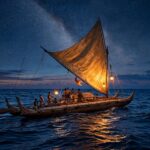 Falotani featured illustration of a Pacific double hulled voyaging canoe with a lit sail sailing at night under a star filled sky