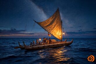 Falotani featured illustration of a Pacific double hulled voyaging canoe with a lit sail sailing at night under a star filled sky