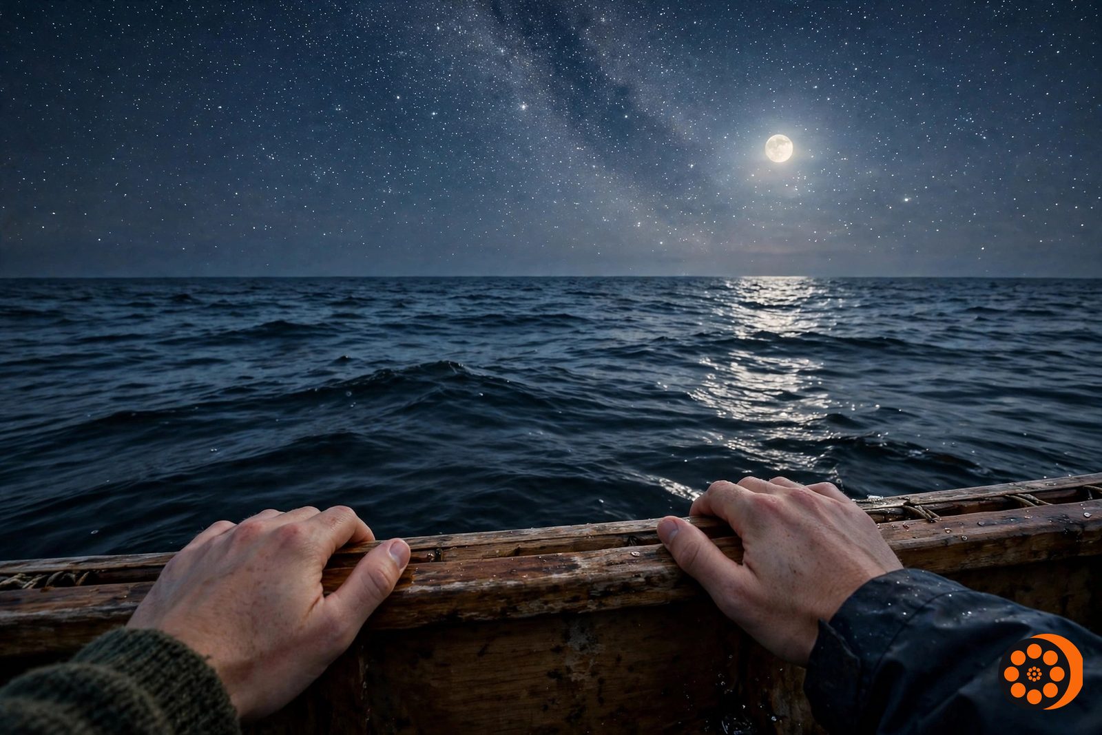 Falotani and Polynesian wayfinding illustration of a navigator's hands on a wooden canoe rail, looking at stars, the moon, and ocean swells at night